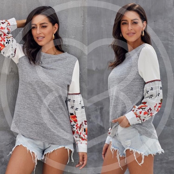 boho chic floral print sleeve Blouse - GREY - Picture 3 of 6